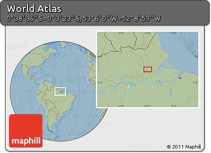 Savanna Style Location Map of the Area around 0° 21' 0" S, 52° 37' 30" W, hill shading