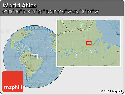 Savanna Style Location Map of the Area around 0° 21' 0" S, 52° 37' 30" W, hill shading