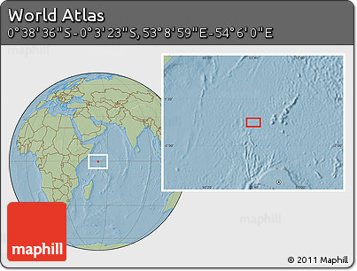 Savanna Style Location Map of the Area around 0° 21' 0" S, 53° 37' 30" E, hill shading
