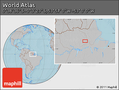 Gray Location Map of the Area around 0° 21' 0" S, 53° 28' 30" W, hill shading