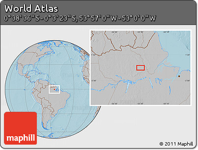 Gray Location Map of the Area around 0° 21' 0" S, 53° 28' 30" W, hill shading