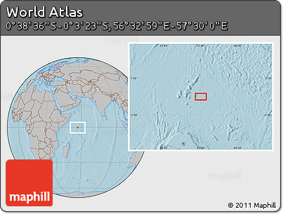 Gray Location Map of the Area around 0° 21' 0" S, 57° 1' 29" E, hill shading