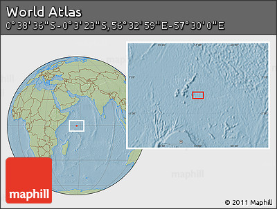 Savanna Style Location Map of the Area around 0° 21' 0" S, 57° 1' 29" E, hill shading