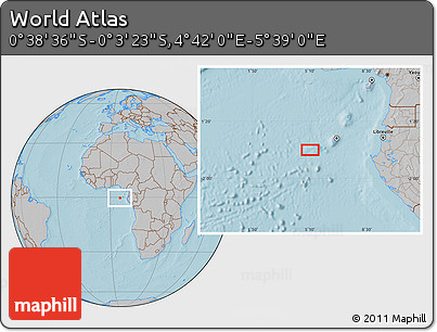 Gray Location Map of the Area around 0° 21' 0" S, 5° 10' 30" E, hill shading
