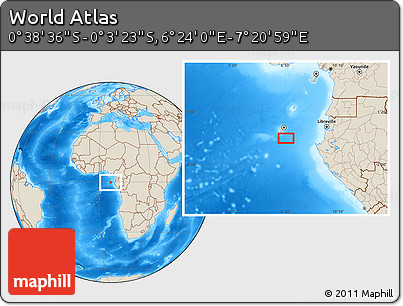 Shaded Relief Location Map of the Area around 0° 21' 0" S, 6° 52' 30" E
