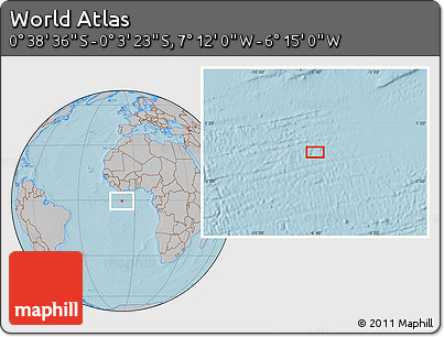 Gray Location Map of the Area around 0° 21' 0" S, 6° 43' 29" W, hill shading