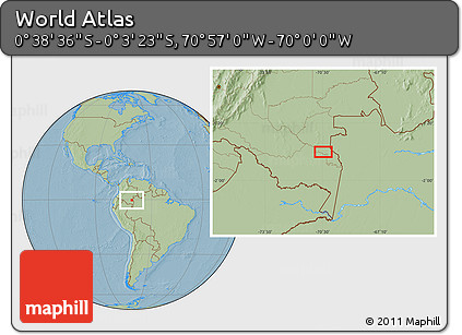 Savanna Style Location Map of the Area around 0° 21' 0" S, 70° 28' 29" W, hill shading