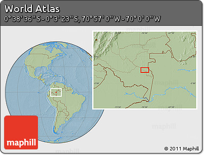 Savanna Style Location Map of the Area around 0° 21' 0" S, 70° 28' 29" W, hill shading