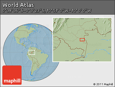 Savanna Style Location Map of the Area around 0° 21' 0" S, 70° 28' 29" W, hill shading