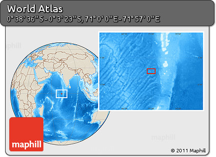 Shaded Relief Location Map of the Area around 0° 21' 0" S, 71° 28' 29" E