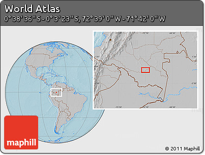 Gray Location Map of the Area around 0° 21' 0" S, 72° 10' 30" W, hill shading