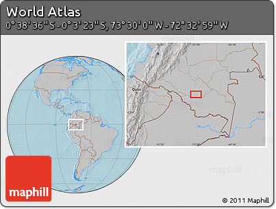 Gray Location Map of the Area around 0° 21' 0" S, 73° 1' 30" W, hill shading
