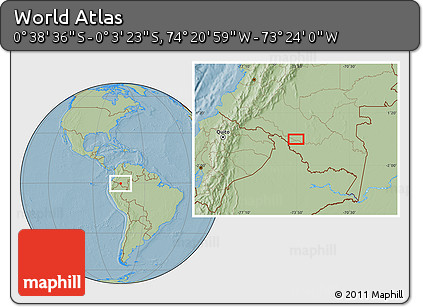 Savanna Style Location Map of the Area around 0° 21' 0" S, 73° 52' 30" W, hill shading