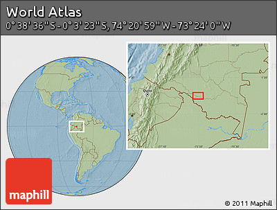 Savanna Style Location Map of the Area around 0° 21' 0" S, 73° 52' 30" W, hill shading