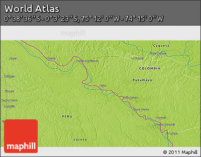 Physical 3D Map of the Area around 0° 21' 0" S, 74° 43' 29" W