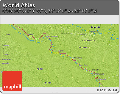 Physical 3D Map of the Area around 0° 21' 0" S, 74° 43' 29" W