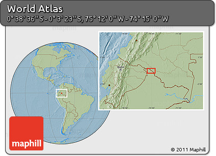 Savanna Style Location Map of the Area around 0° 21' 0" S, 74° 43' 29" W, hill shading