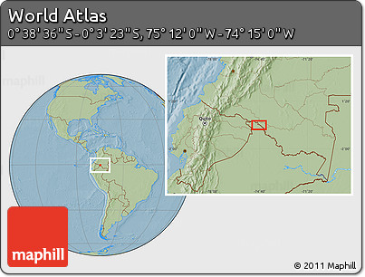 Savanna Style Location Map of the Area around 0° 21' 0" S, 74° 43' 29" W, hill shading