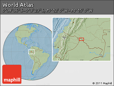 Savanna Style Location Map of the Area around 0° 21' 0" S, 74° 43' 29" W, hill shading