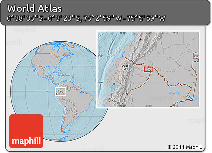 Gray Location Map of the Area around 0° 21' 0" S, 75° 34' 29" W, hill shading