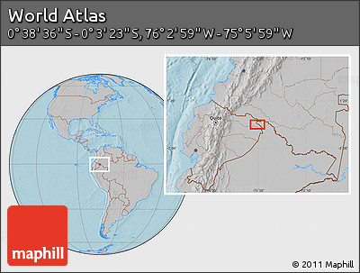 Gray Location Map of the Area around 0° 21' 0" S, 75° 34' 29" W, hill shading