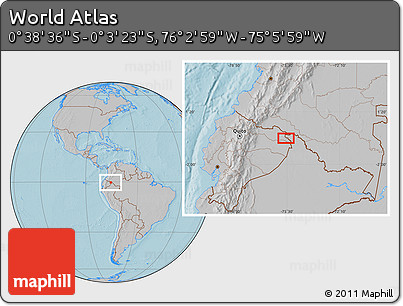 Gray Location Map of the Area around 0° 21' 0" S, 75° 34' 29" W, hill shading