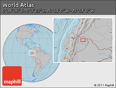 Gray Location Map of the Area around 0° 21' 0" S, 76° 25' 30" W, hill shading