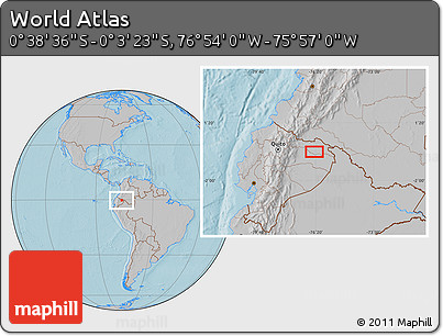 Gray Location Map of the Area around 0° 21' 0" S, 76° 25' 30" W, hill shading