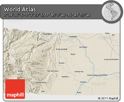Shaded Relief 3D Map of the Area around 0° 21' 0" S, 77° 16' 30" W