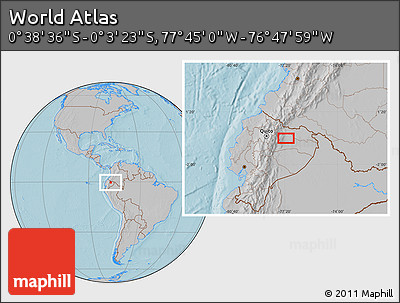 Gray Location Map of the Area around 0° 21' 0" S, 77° 16' 30" W, hill shading
