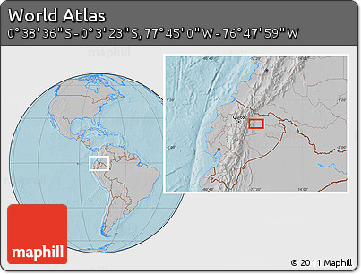 Gray Location Map of the Area around 0° 21' 0" S, 77° 16' 30" W, hill shading