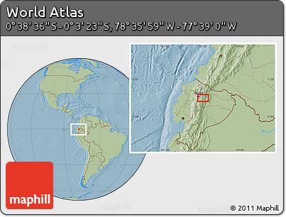 Savanna Style Location Map of the Area around 0° 21' 0" S, 78° 7' 30" W, hill shading