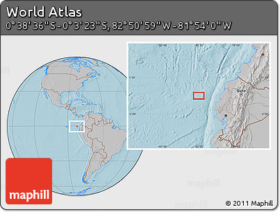 Gray Location Map of the Area around 0° 21' 0" S, 82° 22' 30" W, hill shading