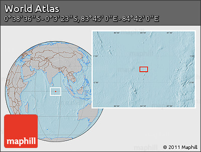 Gray Location Map of the Area around 0° 21' 0" S, 84° 13' 29" E, hill shading