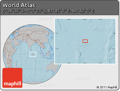 Gray Location Map of the Area around 0° 21' 0" S, 84° 13' 29" E, hill shading