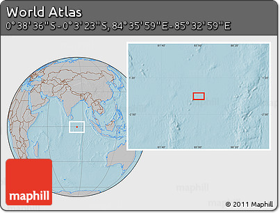 Gray Location Map of the Area around 0° 21' 0" S, 85° 4' 29" E, hill shading