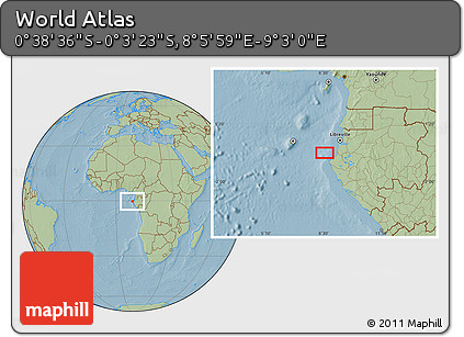 Savanna Style Location Map of the Area around 0° 21' 0" S, 8° 34' 29" E, hill shading