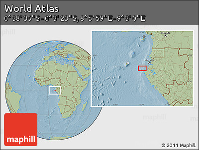 Savanna Style Location Map of the Area around 0° 21' 0" S, 8° 34' 29" E, hill shading