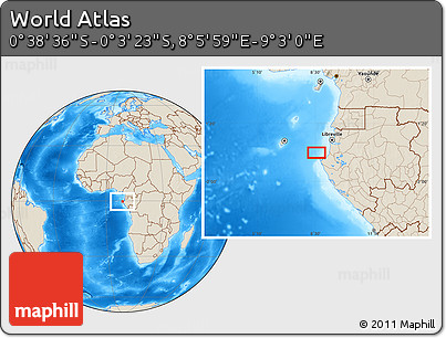 Shaded Relief Location Map of the Area around 0° 21' 0" S, 8° 34' 29" E