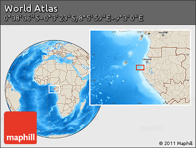 Shaded Relief Location Map of the Area around 0° 21' 0" S, 8° 34' 29" E
