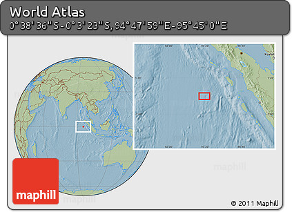 Savanna Style Location Map of the Area around 0° 21' 0" S, 95° 16' 30" E, hill shading