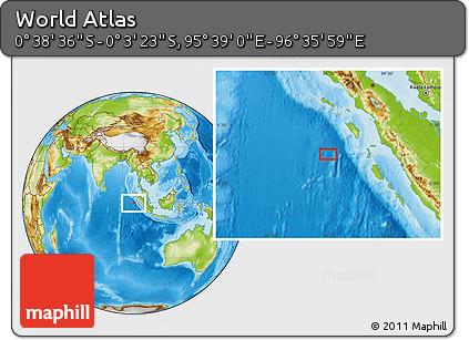 Physical Location Map of the Area around 0° 21' 0" S, 96° 7' 30" E