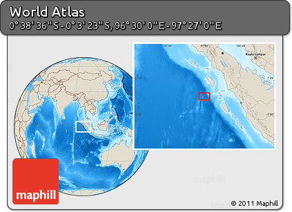 Shaded Relief Location Map of the Area around 0° 21' 0" S, 96° 58' 29" E