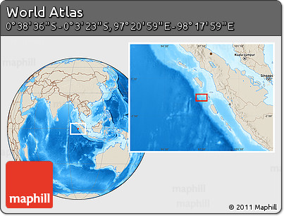 Shaded Relief Location Map of the Area around 0° 21' 0" S, 97° 49' 29" E