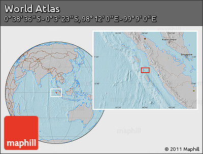 Gray Location Map of the Area around 0° 21' 0" S, 98° 40' 30" E, hill shading