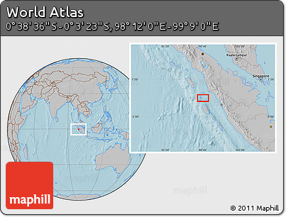 Gray Location Map of the Area around 0° 21' 0" S, 98° 40' 30" E, hill shading