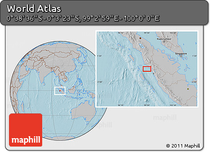 Gray Location Map of the Area around 0° 21' 0" S, 99° 31' 30" E, hill shading