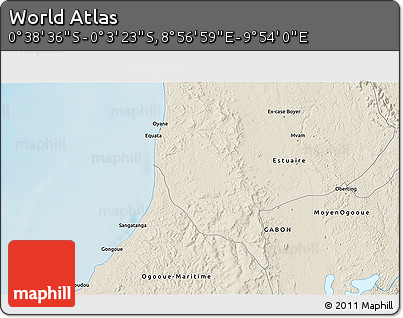 Shaded Relief 3D Map of the Area around 0° 21' 0" S, 9° 25' 30" E