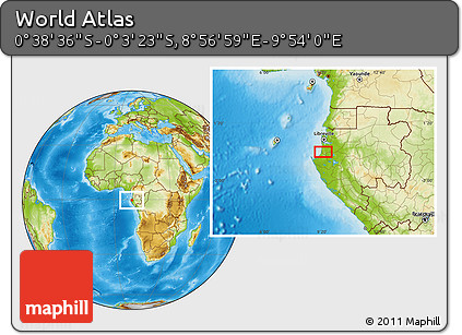Physical Location Map of the Area around 0° 21' 0" S, 9° 25' 30" E