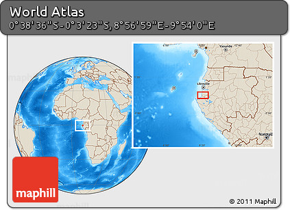 Shaded Relief Location Map of the Area around 0° 21' 0" S, 9° 25' 30" E